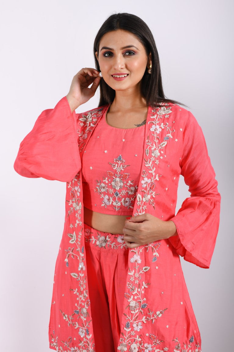 Morchari Crop Top With Jacket With Hand Embroidery - Pink | Grocsy