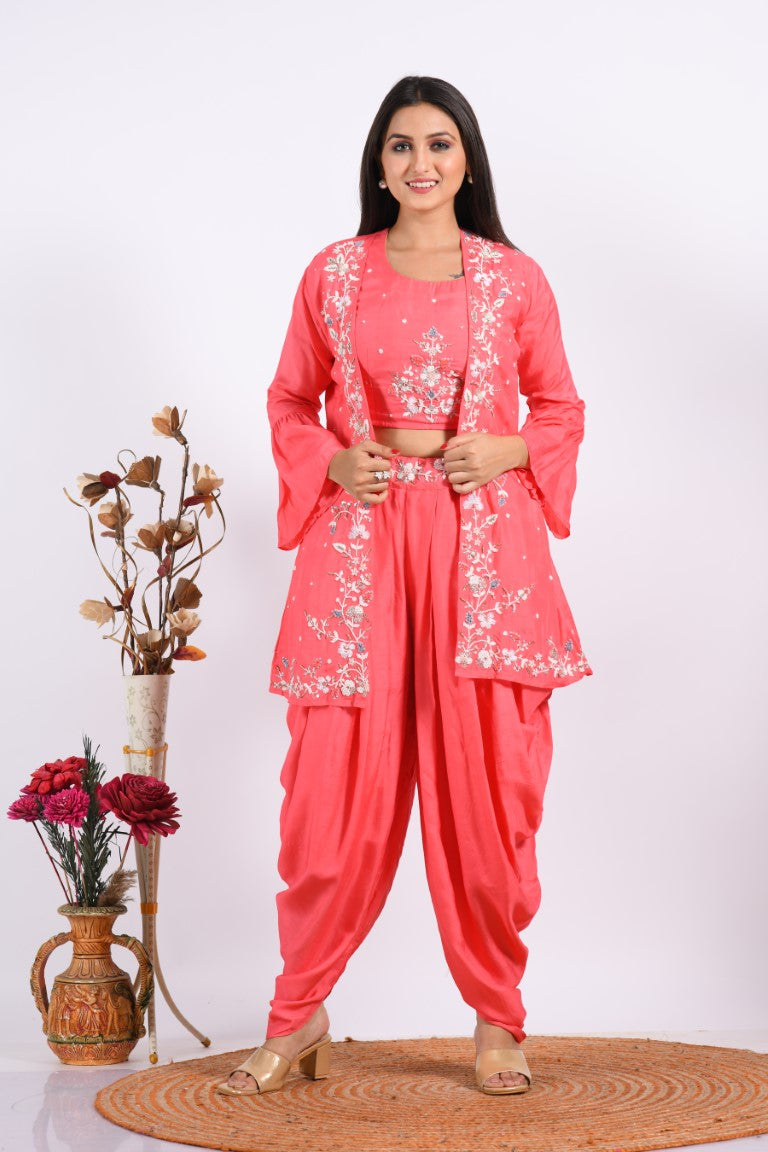 Morchari Crop Top With Jacket With Hand Embroidery - Pink | Grocsy