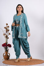 Morchari Crop Top With Jacket With Hand Embroidery - Blue | Grocsy