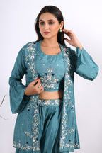 Morchari Crop Top With Jacket With Hand Embroidery - Blue | Grocsy