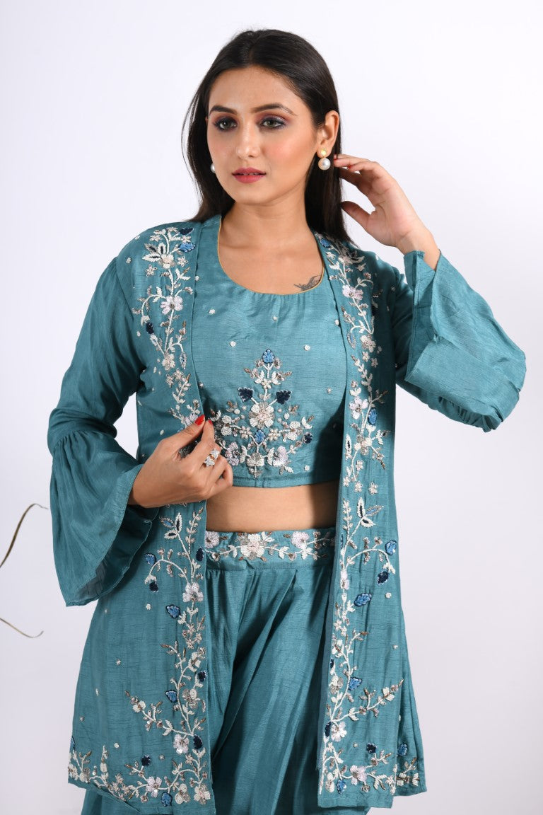 Morchari Crop Top With Jacket With Hand Embroidery - Blue | Grocsy
