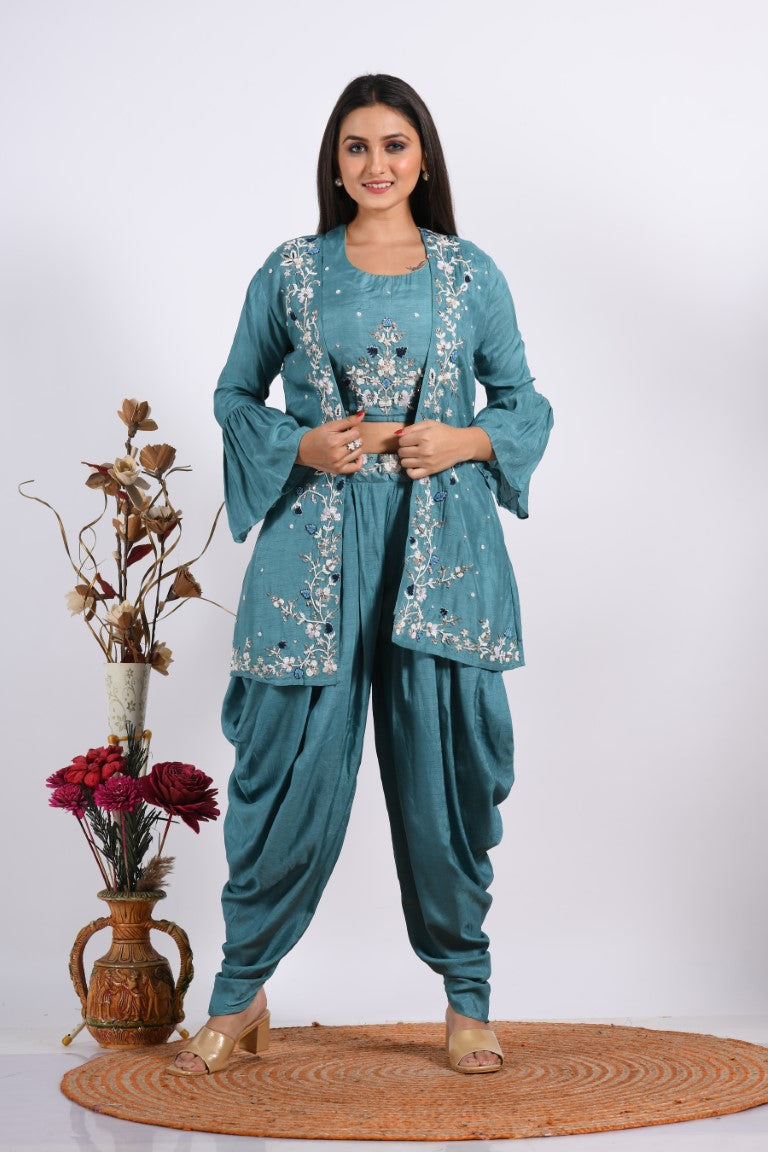 Morchari Crop Top With Jacket With Hand Embroidery - Blue | Grocsy