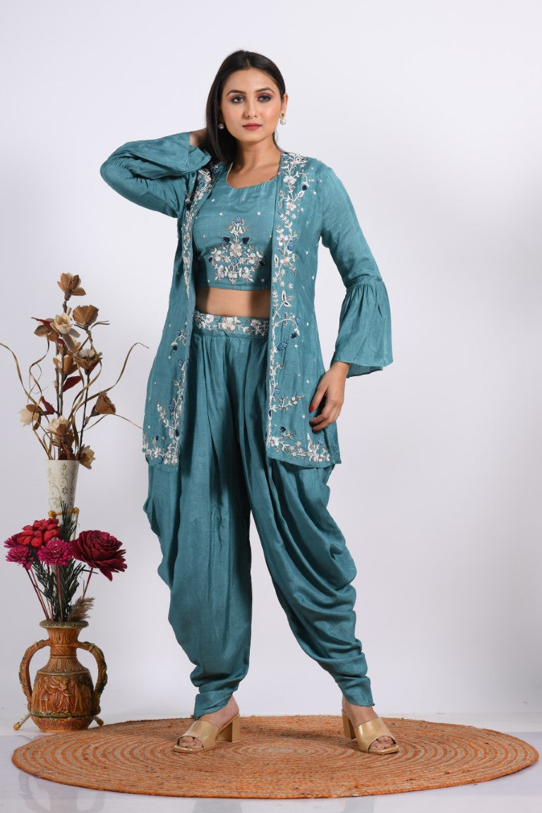 Morchari Crop Top With Jacket With Hand Embroidery - Blue | Grocsy