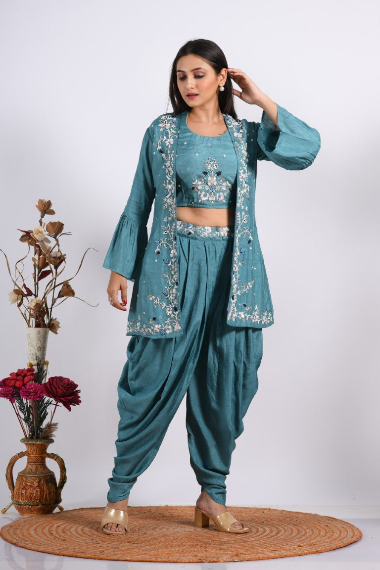 Morchari Crop Top With Jacket With Hand Embroidery - Blue | Grocsy