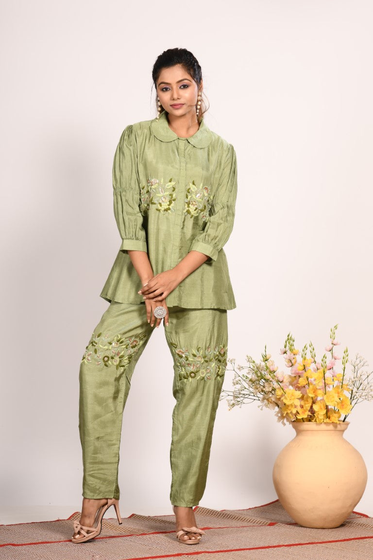 Morchari Co Ord Set With Hand Embroidery - Green | Grocsy