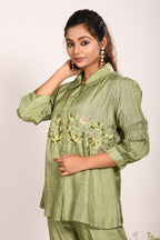 Morchari Co Ord Set With Hand Embroidery - Green | Grocsy