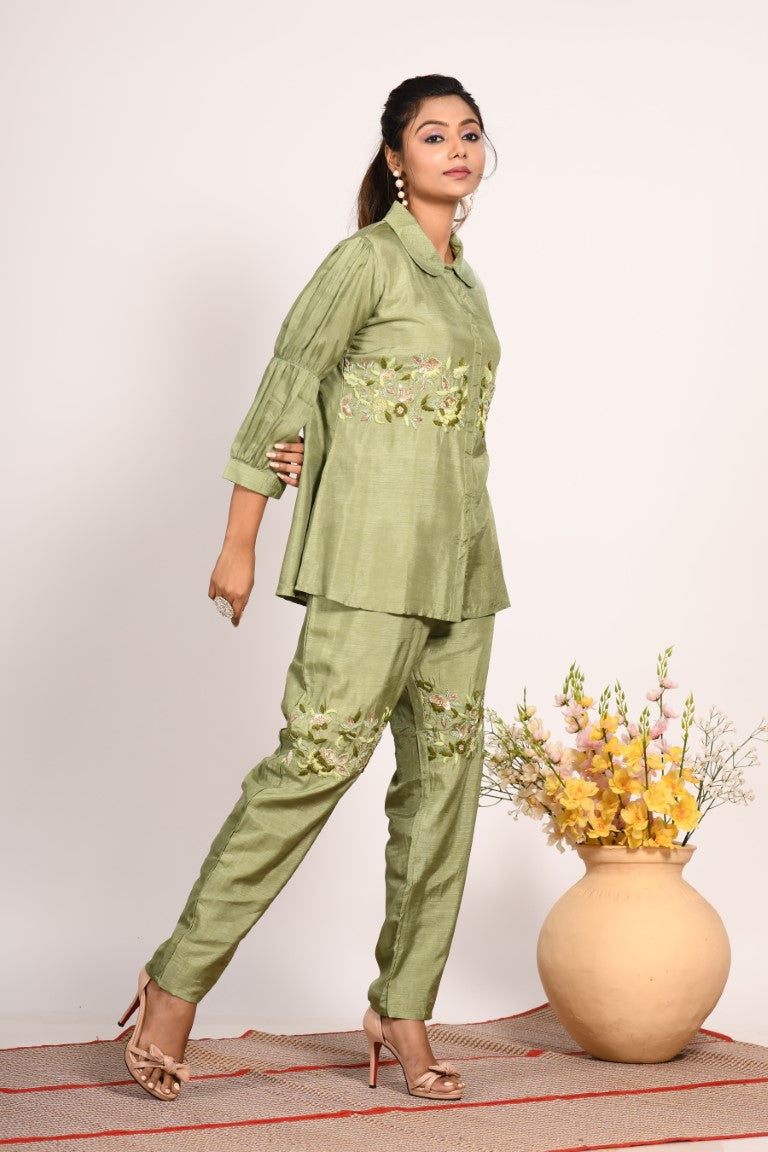 Morchari Co Ord Set With Hand Embroidery - Green | Grocsy