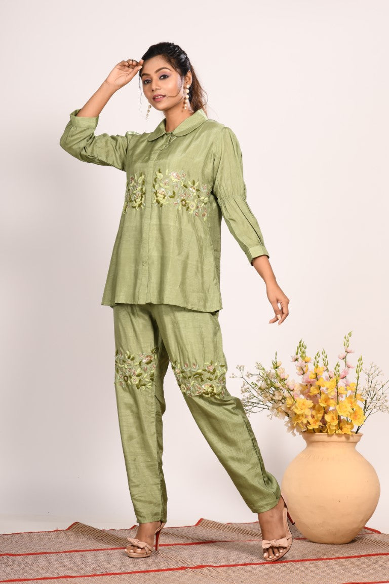 Morchari Co Ord Set With Hand Embroidery - Green | Grocsy
