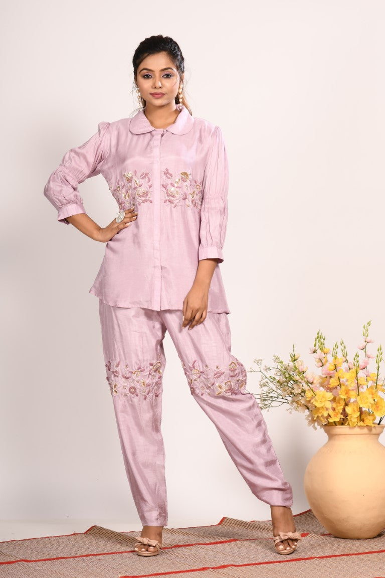 Morchari Co Ord Set With Hand Embroidery - Purple | Grocsy