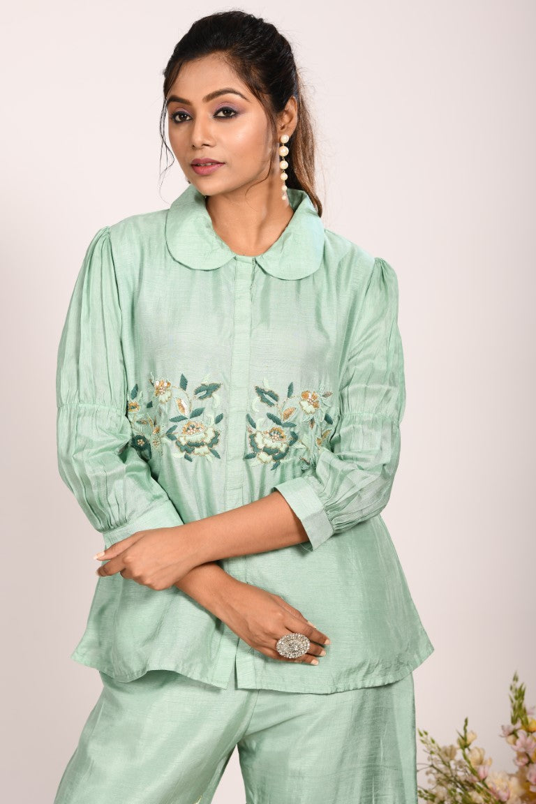 Morchari Co Ord Set With Hand Embroidery - Green | Grocsy