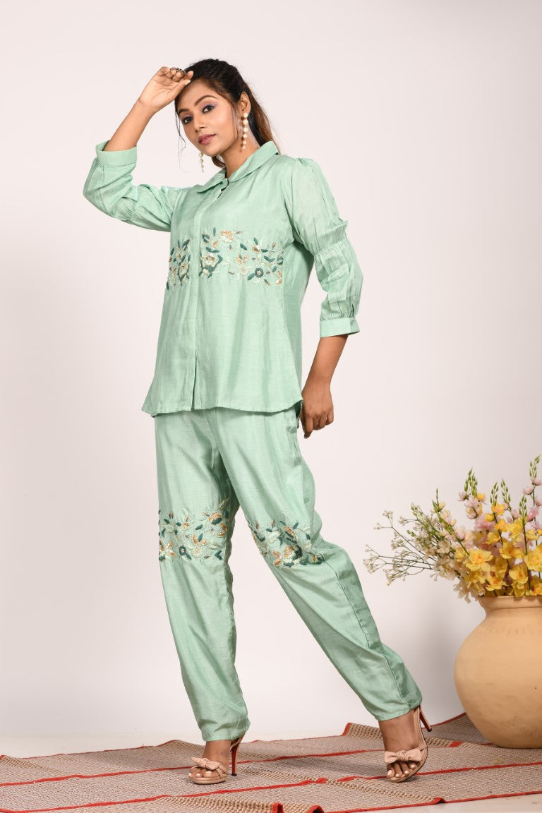 Morchari Co Ord Set With Hand Embroidery - Green | Grocsy