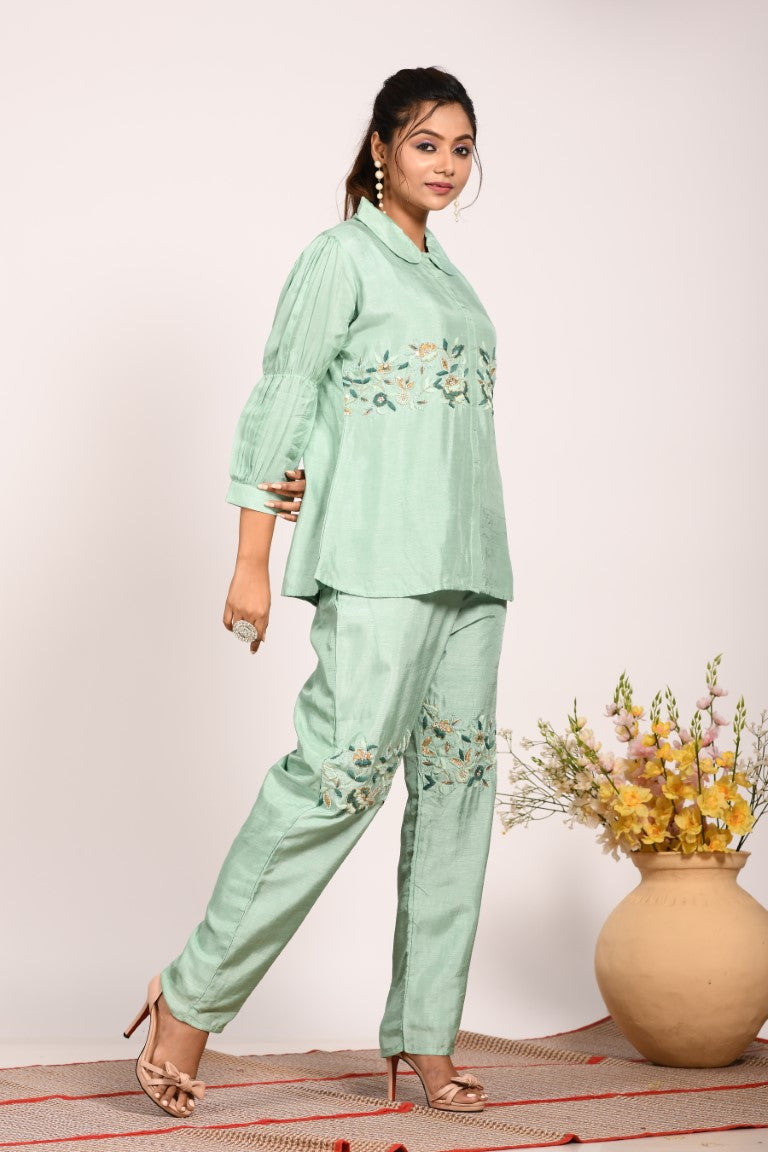 Morchari Co Ord Set With Hand Embroidery - Green | Grocsy