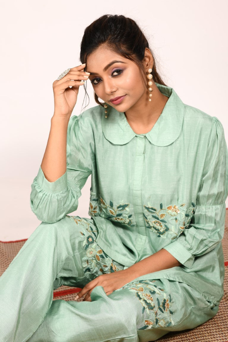 Morchari Co Ord Set With Hand Embroidery - Green | Grocsy