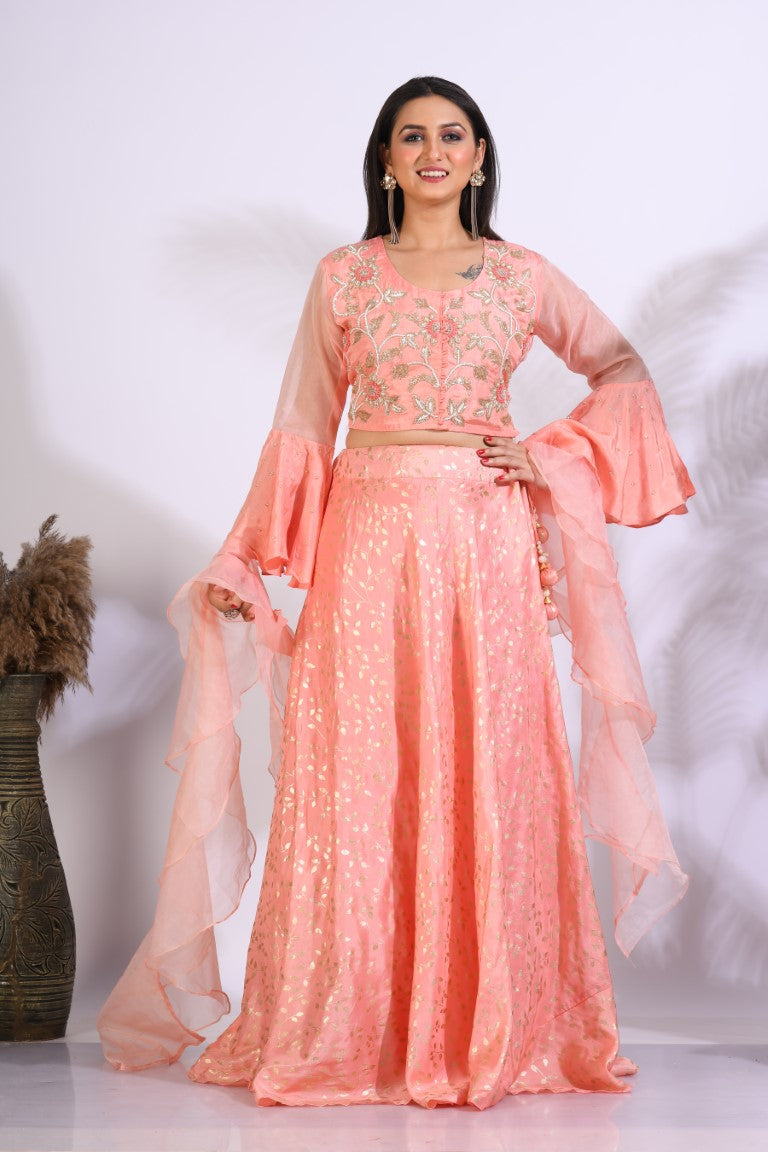Morchari Crop Top With Hand Embroidery With Frill Dupatta - Peach | Grocsy