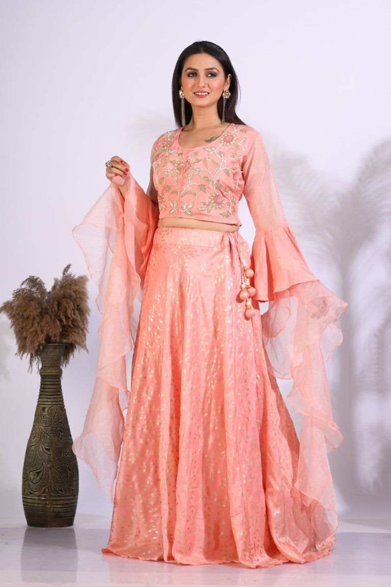 Morchari Crop Top With Hand Embroidery With Frill Dupatta - Peach | Grocsy