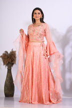 Morchari Crop Top With Hand Embroidery With Frill Dupatta - Peach | Grocsy