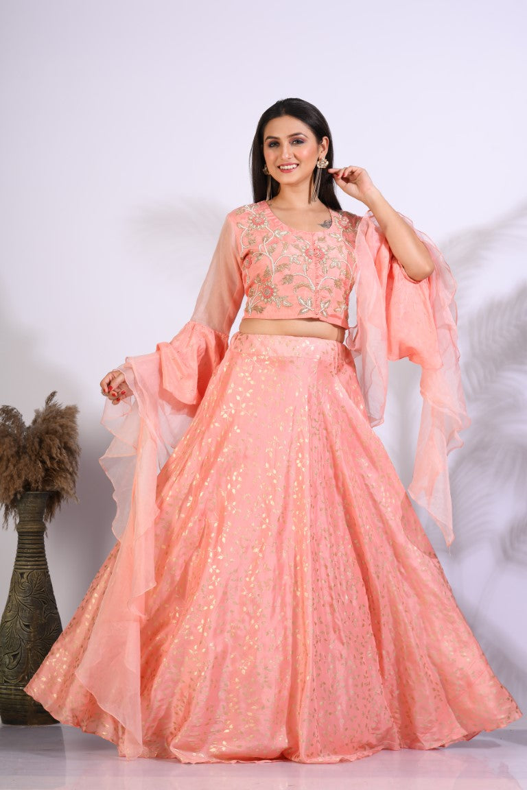 Morchari Crop Top With Hand Embroidery With Frill Dupatta - Peach | Grocsy