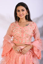 Morchari Crop Top With Hand Embroidery With Frill Dupatta - Peach | Grocsy