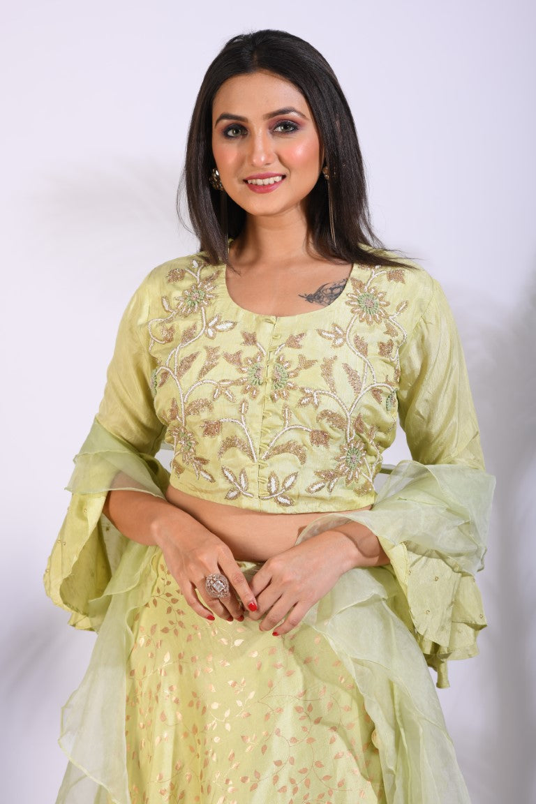 Morchari Crop Top With Hand Embroidery With Frill Dupatta - Fluorescent Green | Grocsy