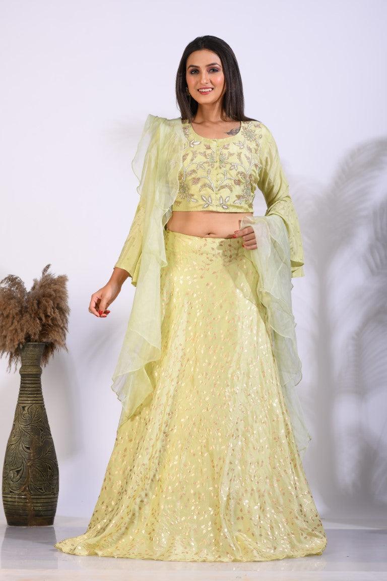 Morchari Crop Top With Hand Embroidery With Frill Dupatta - Fluorescent Green | Grocsy