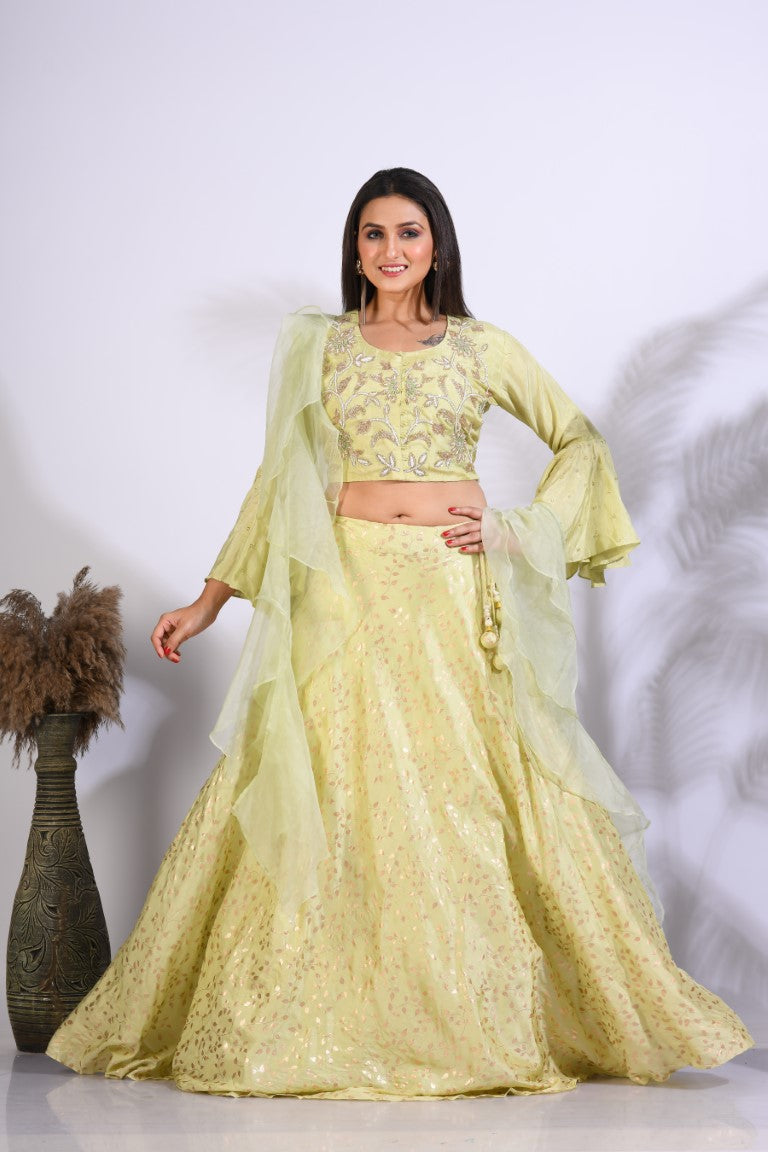 Morchari Crop Top With Hand Embroidery With Frill Dupatta - Fluorescent Green | Grocsy