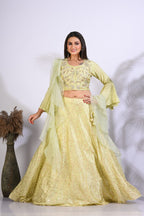 Morchari Crop Top With Hand Embroidery With Frill Dupatta - Fluorescent Green | Grocsy