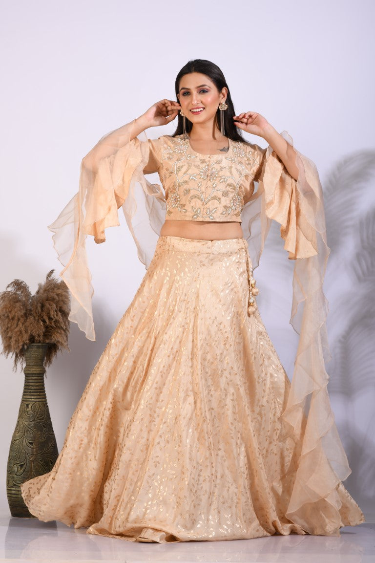 Morchari Crop Top With Hand Embroidery With Frill Dupatta - Yellow | Grocsy