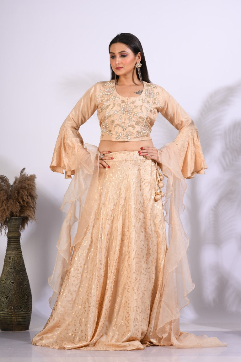 Morchari Crop Top With Hand Embroidery With Frill Dupatta - Yellow | Grocsy