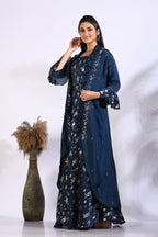 Morchari Long Gown With Jacket With Hand Embroidery - Blue | Grocsy