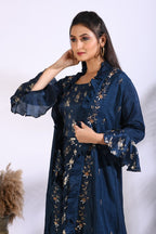 Morchari Long Gown With Jacket With Hand Embroidery - Blue | Grocsy
