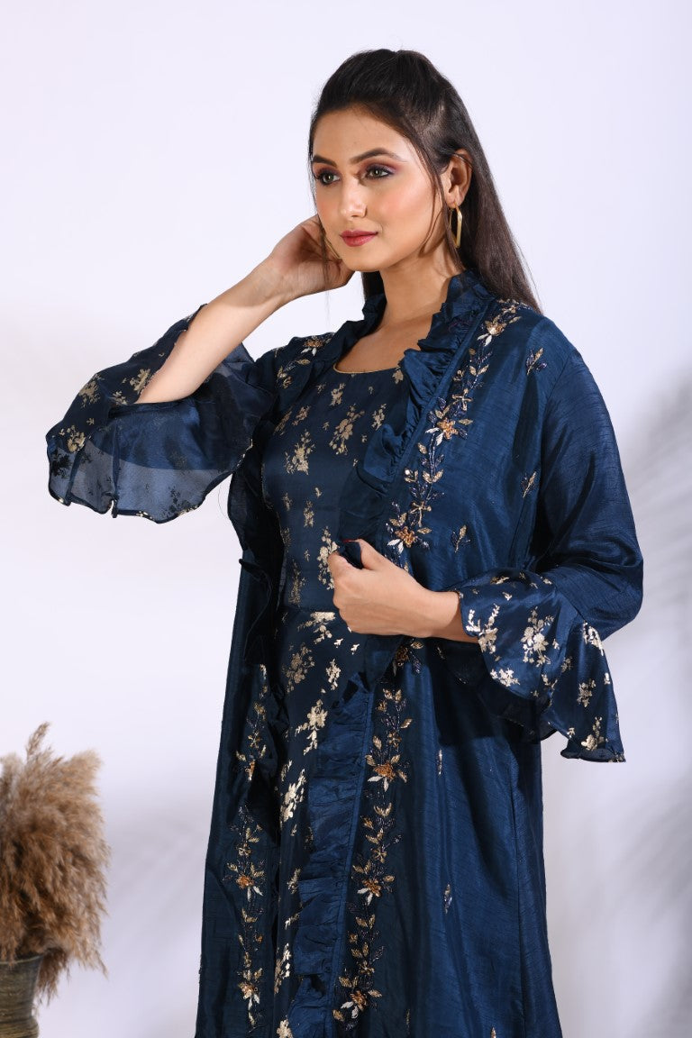 Morchari Long Gown With Jacket With Hand Embroidery - Blue | Grocsy