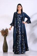 Morchari Long Gown With Jacket With Hand Embroidery - Blue | Grocsy