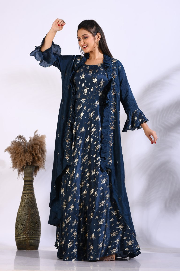 Morchari Long Gown With Jacket With Hand Embroidery - Blue | Grocsy