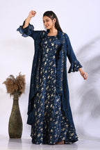 Morchari Long Gown With Jacket With Hand Embroidery - Blue | Grocsy