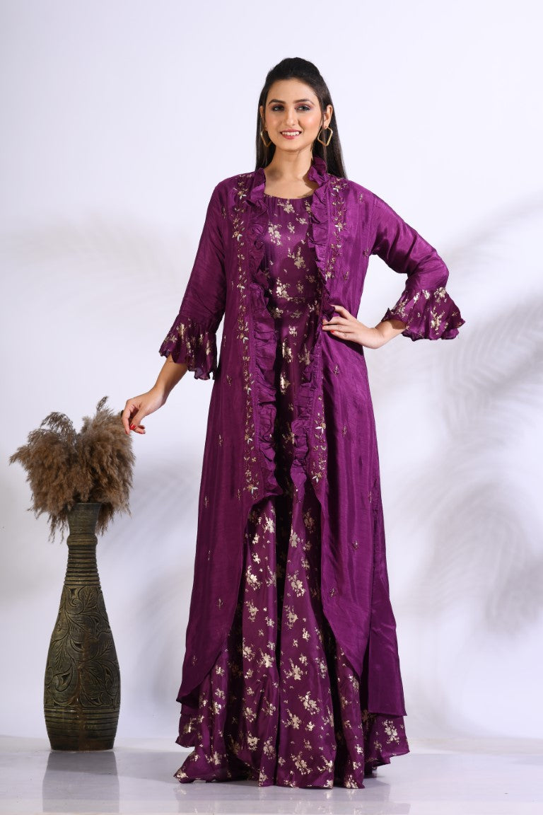 Morchari Long Gown With Jacket With Hand Embroidery - Purple | Grocsy