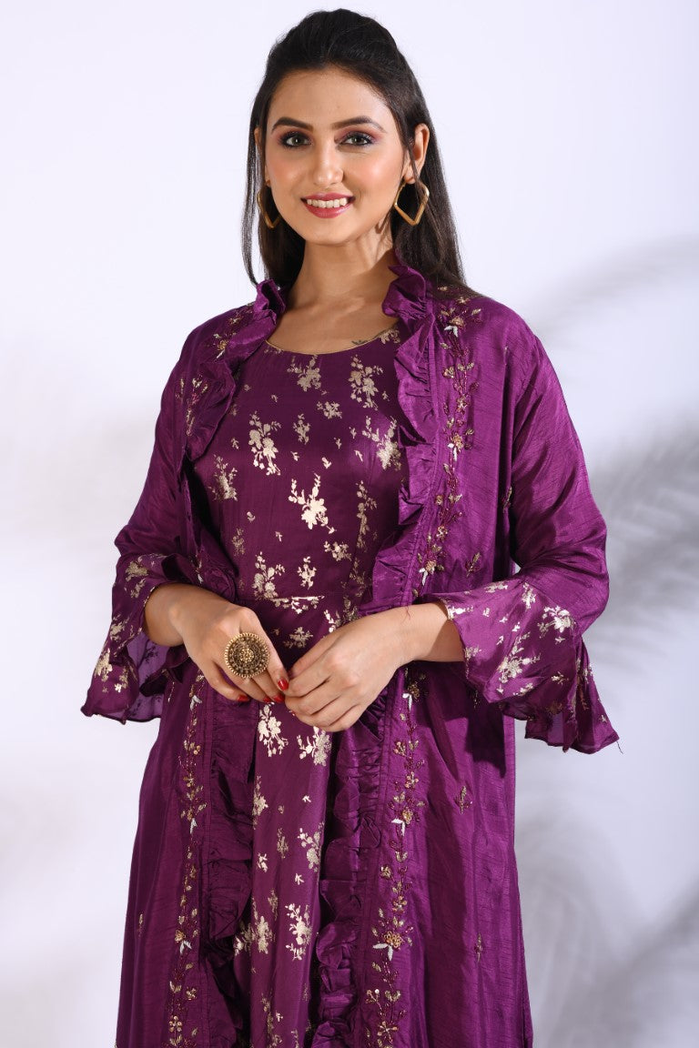 Morchari Long Gown With Jacket With Hand Embroidery - Purple | Grocsy