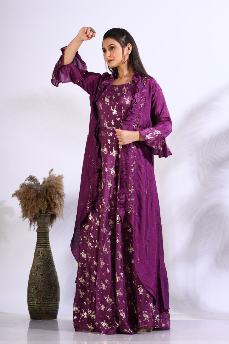 Morchari Long Gown With Jacket With Hand Embroidery - Purple | Grocsy