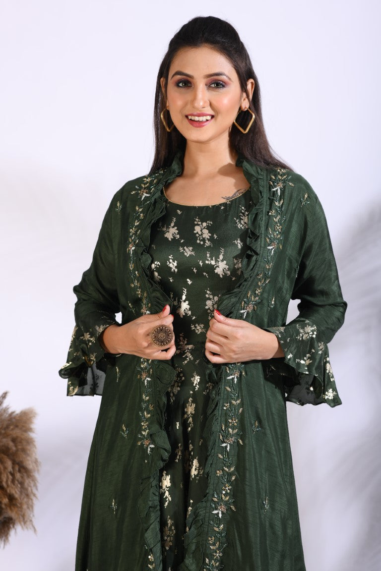 Morchari Long Gown With Jacket With Hand Embroidery - Green | Grocsy
