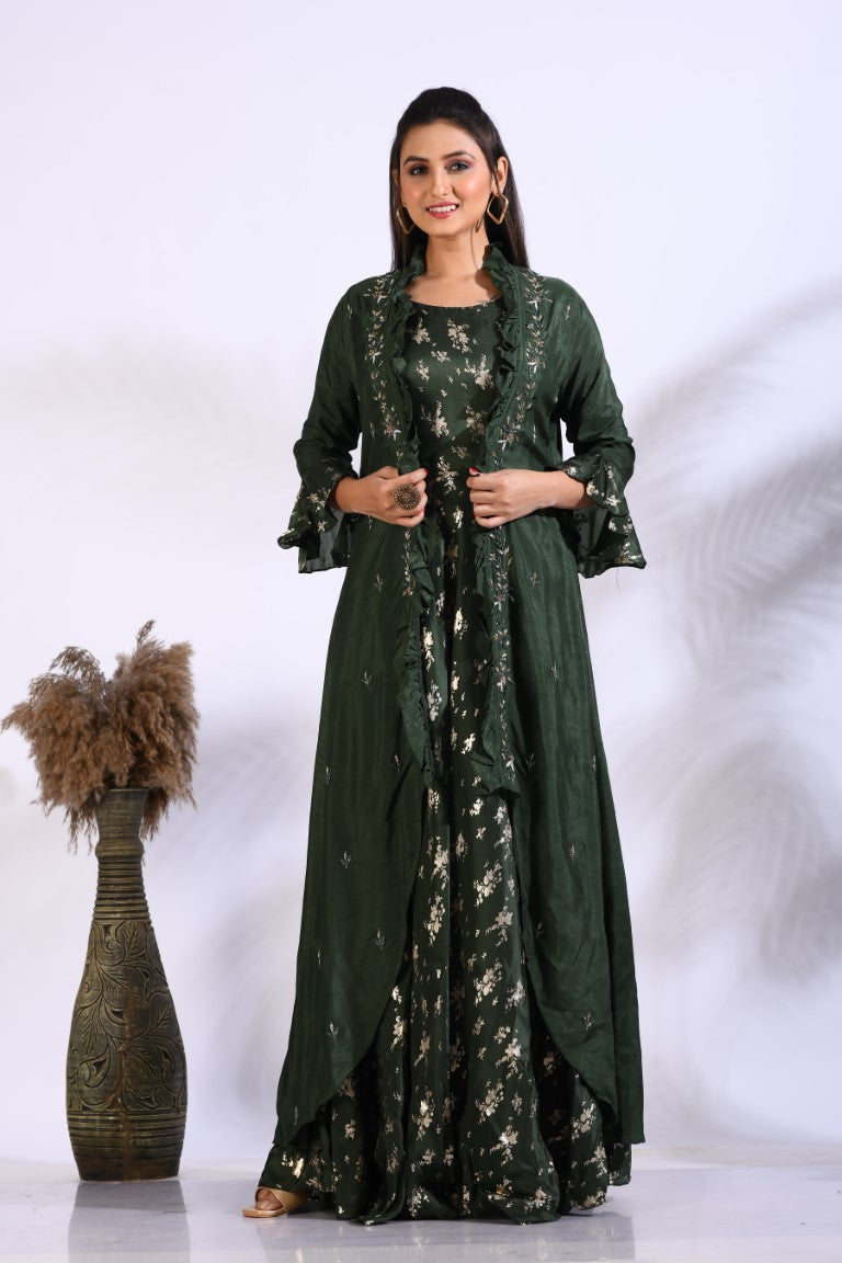 Morchari Long Gown With Jacket With Hand Embroidery - Green | Grocsy