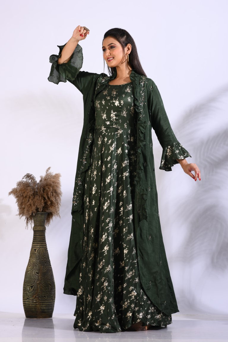 Morchari Long Gown With Jacket With Hand Embroidery - Green | Grocsy