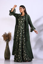 Morchari Long Gown With Jacket With Hand Embroidery - Green | Grocsy