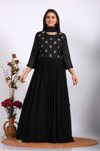 Morchari Long Gown With Dupatta & Hand Embroidery - Black | Grocsy