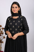 Morchari Long Gown With Dupatta & Hand Embroidery - Black | Grocsy