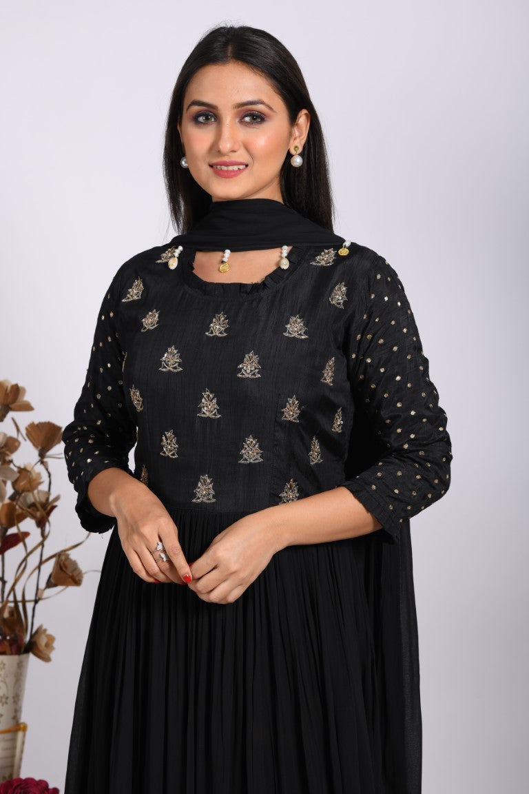 Morchari Long Gown With Dupatta & Hand Embroidery - Black | Grocsy