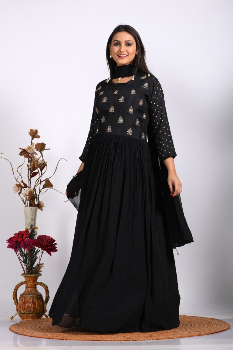 Morchari Long Gown With Dupatta & Hand Embroidery - Black | Grocsy