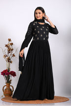 Morchari Long Gown With Dupatta & Hand Embroidery - Black | Grocsy