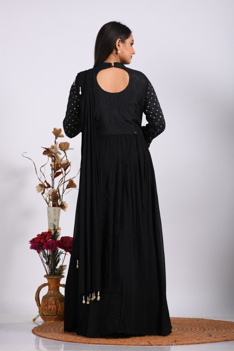 Morchari Long Gown With Dupatta & Hand Embroidery - Black | Grocsy