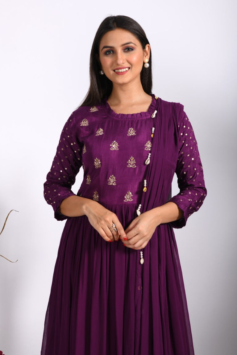 Morchari Long Gown With Dupatta & Hand Embroidery - Purple | Grocsy