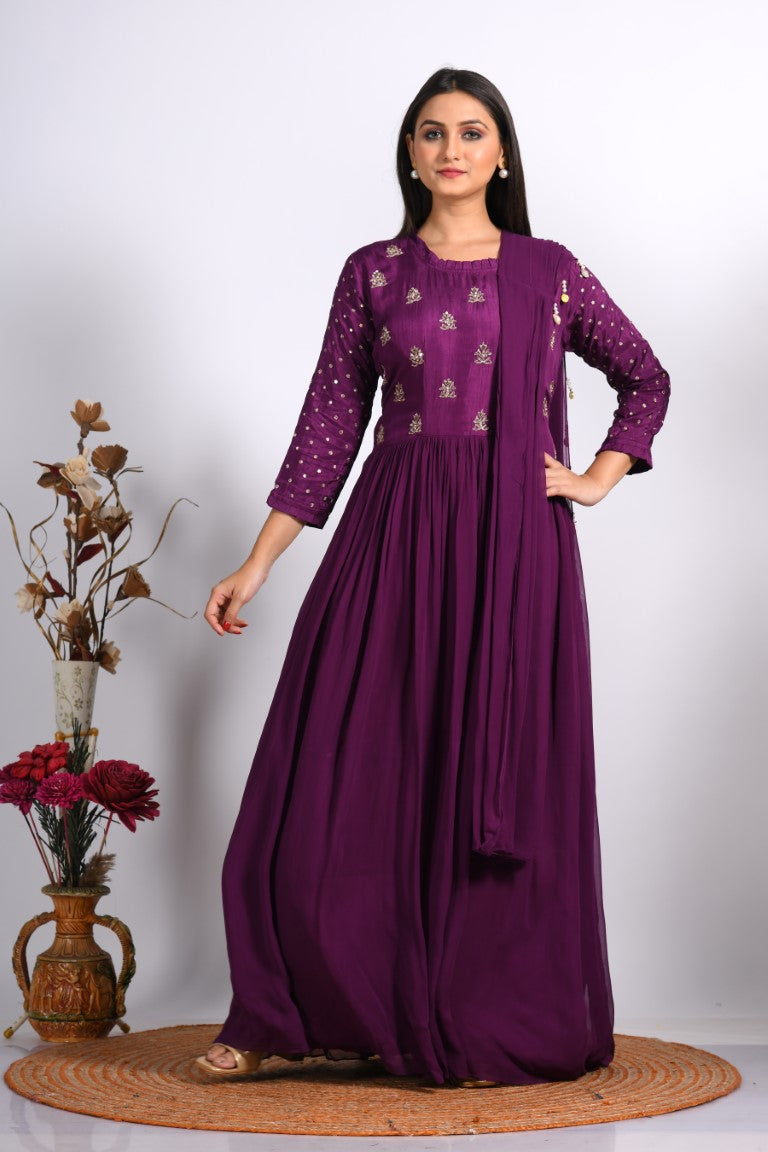 Morchari Long Gown With Dupatta & Hand Embroidery - Purple | Grocsy