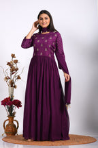 Morchari Long Gown With Dupatta & Hand Embroidery - Purple | Grocsy